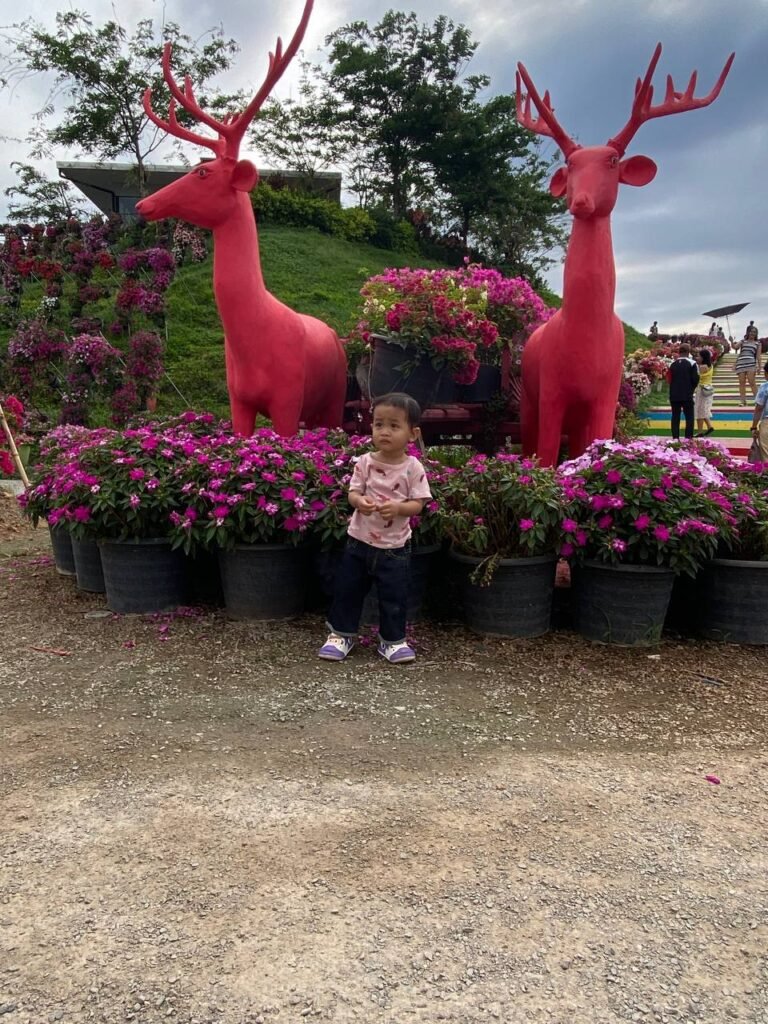 Small toddler standing next to massive red deer statues in a flower garden, looking overwhelmed by their height.