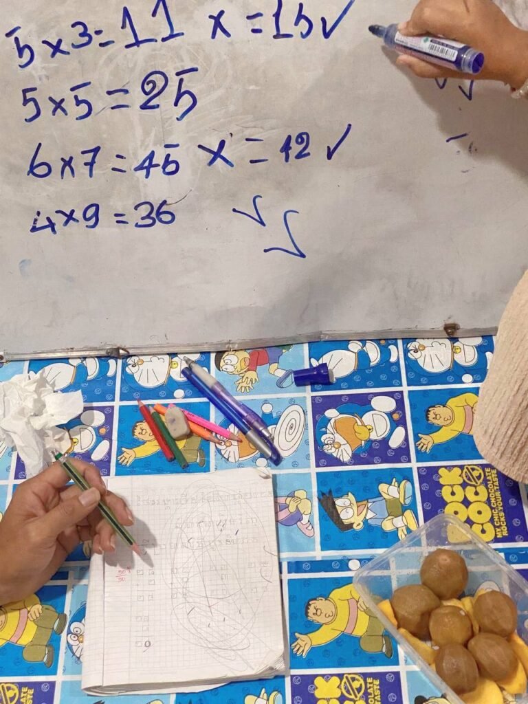 Close up of 2nd grade math problems on a whiteboard showing the multiplication game strategy