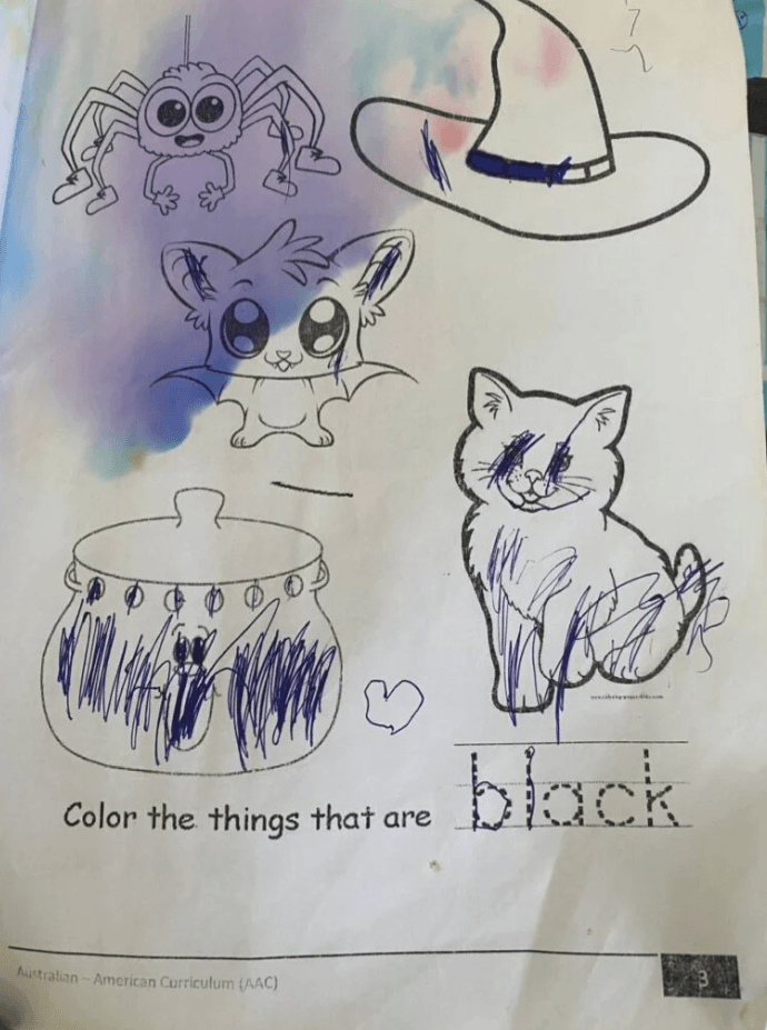 A coloring page from an Australian-American Curriculum workbook heavily colored over with messy blue scribbles.