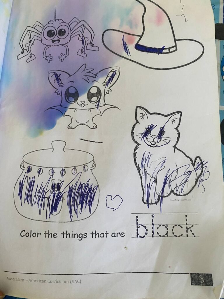 Child's coloring page showing messy scribbling for stress relief next to neat word tracing practice.