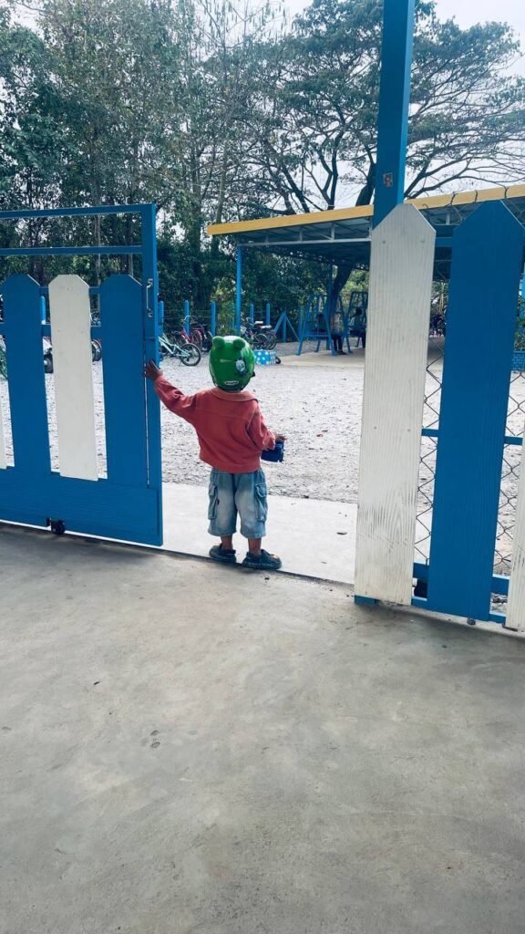 A small child standing at a large blue and white park gate from behind.