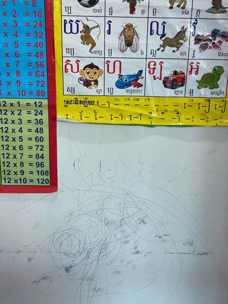 A white bedroom wall covered in blue ink scribbles directly underneath colorful Khmer and English educational posters.