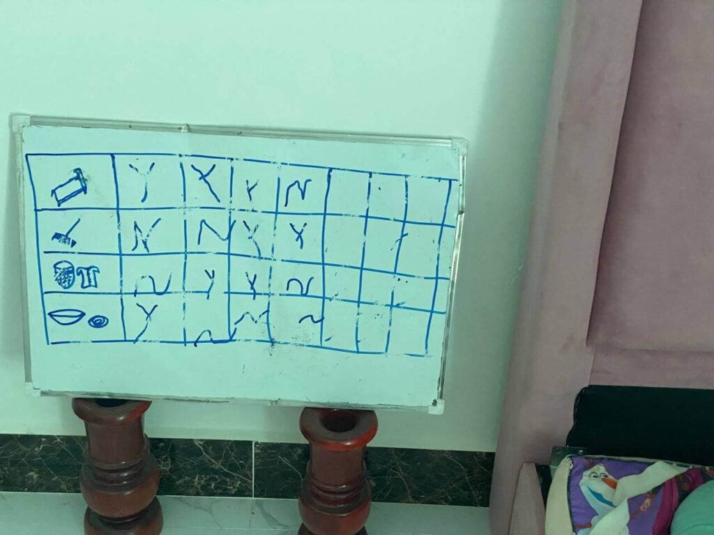 Close up of a DIY chore chart for kids showing hand-drawn icons for sweeping and making the bed, tracked with a Y and N grid.