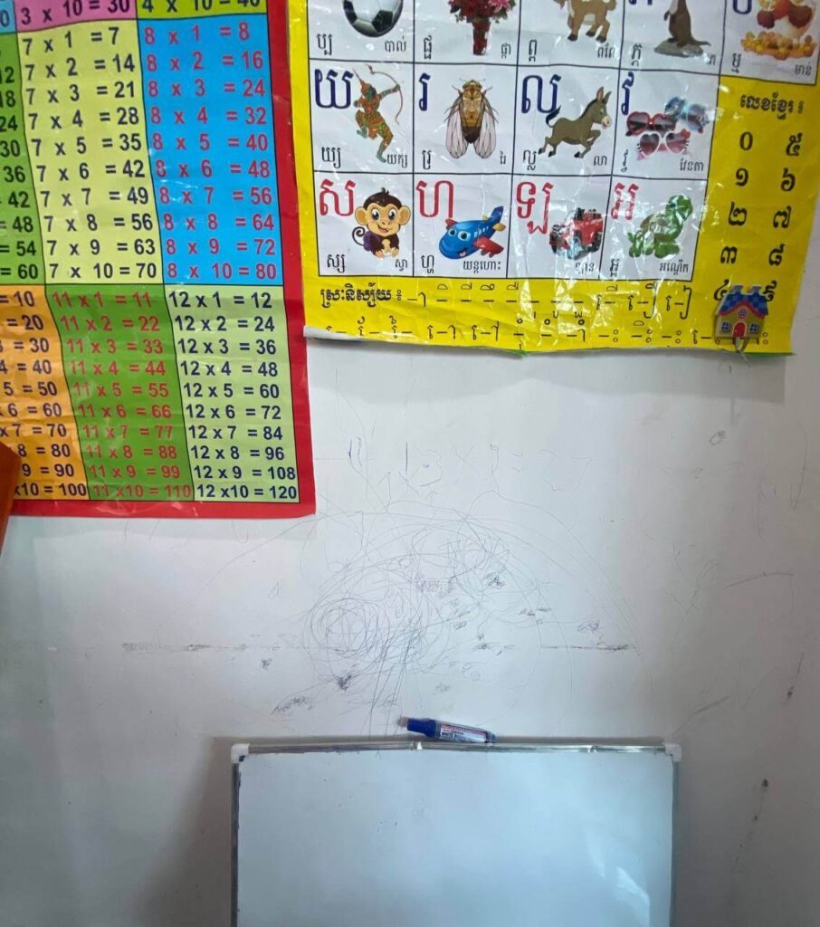 A small white dry-erase board with a blue marker resting on top, mounted on a white wall underneath children's alphabet and math posters.